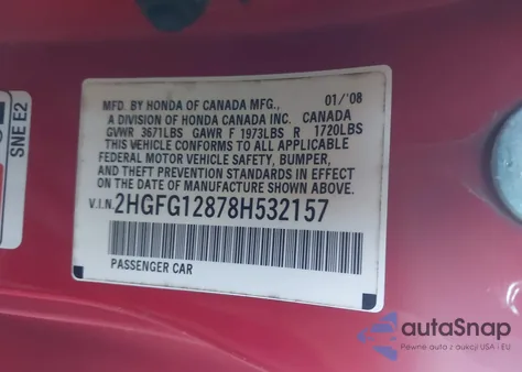 2008 Honda Civic Ex from USA, damaged, VIN 2HGFG12878H532157